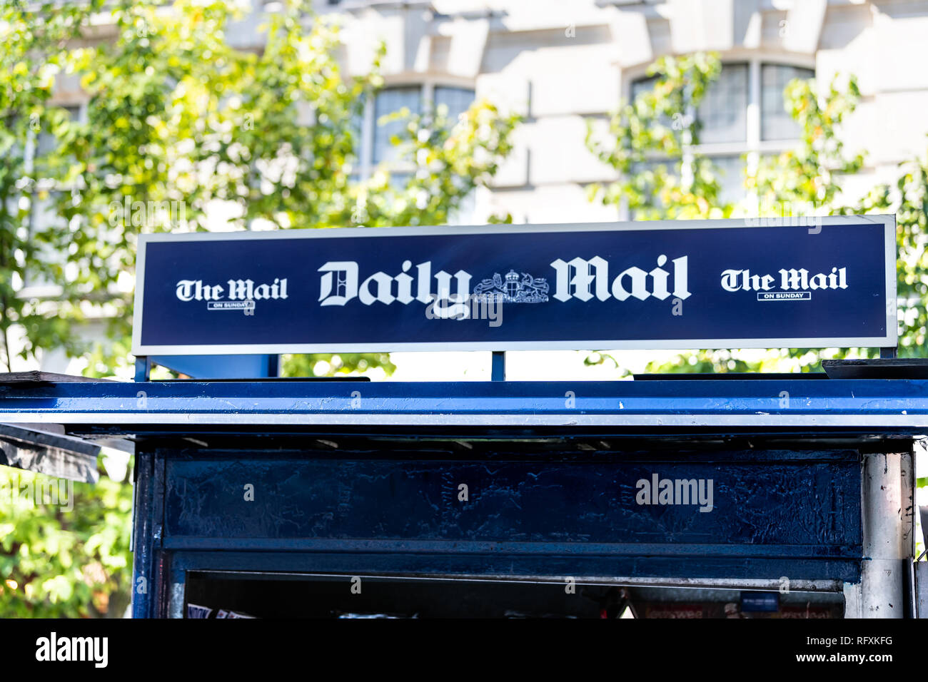 London, UK - September 13, 2018: Chelsea street with closeup of sign on square for dailymail daily mail newsstand newspaper magazine stand news blue c Stock Photo