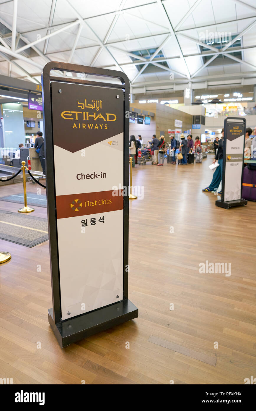 INCHEON, SOUTH KOREA - CIRCA MAY, 2017: Etihad check-in area at Incheon ...