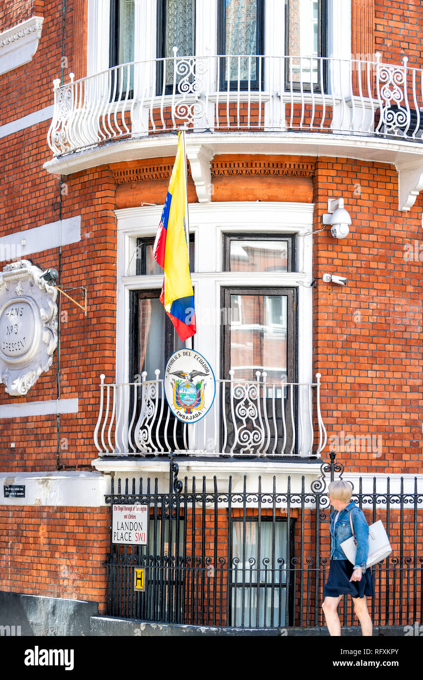 London, UK - September 13, 2018: Knightsbridge Hans Crescent Landon Place and brick Victorian architecture Ecuador Embassy flag Assange closeup Stock Photo