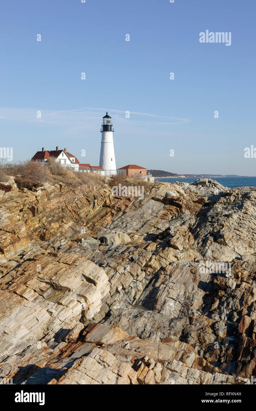 Portland Head Light at Fort Williams Park during the winter months. Located in Cape Elizabeth, Maine, Portland Head Light is Maine's oldest lighthouse Stock Photo