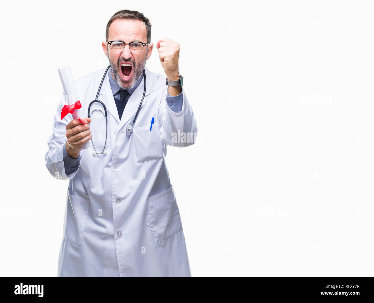 Middle age senior hoary doctor man holding degree certificate over ...