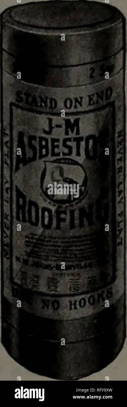 . Canadian forest industries July-December 1915. Lumbering; Forests and forestry; Forest products; Wood-pulp industry; Wood-using industries. T. COVERS THE CONTINENT" HIS nationally known emblem and the familiar bell of the telephone company each symbolizes a service that covers the country and each assures service of known value. Wherever displayed—however used—the J-M Service emblem stands for permanent satisfaction in J-M Products, based on J-M RESPONSIBILITY. J-M Asbestos Ready Roofing meets slate and metal roof- ing competition and keeps the business in your yard. This roofing is not Stock Photo