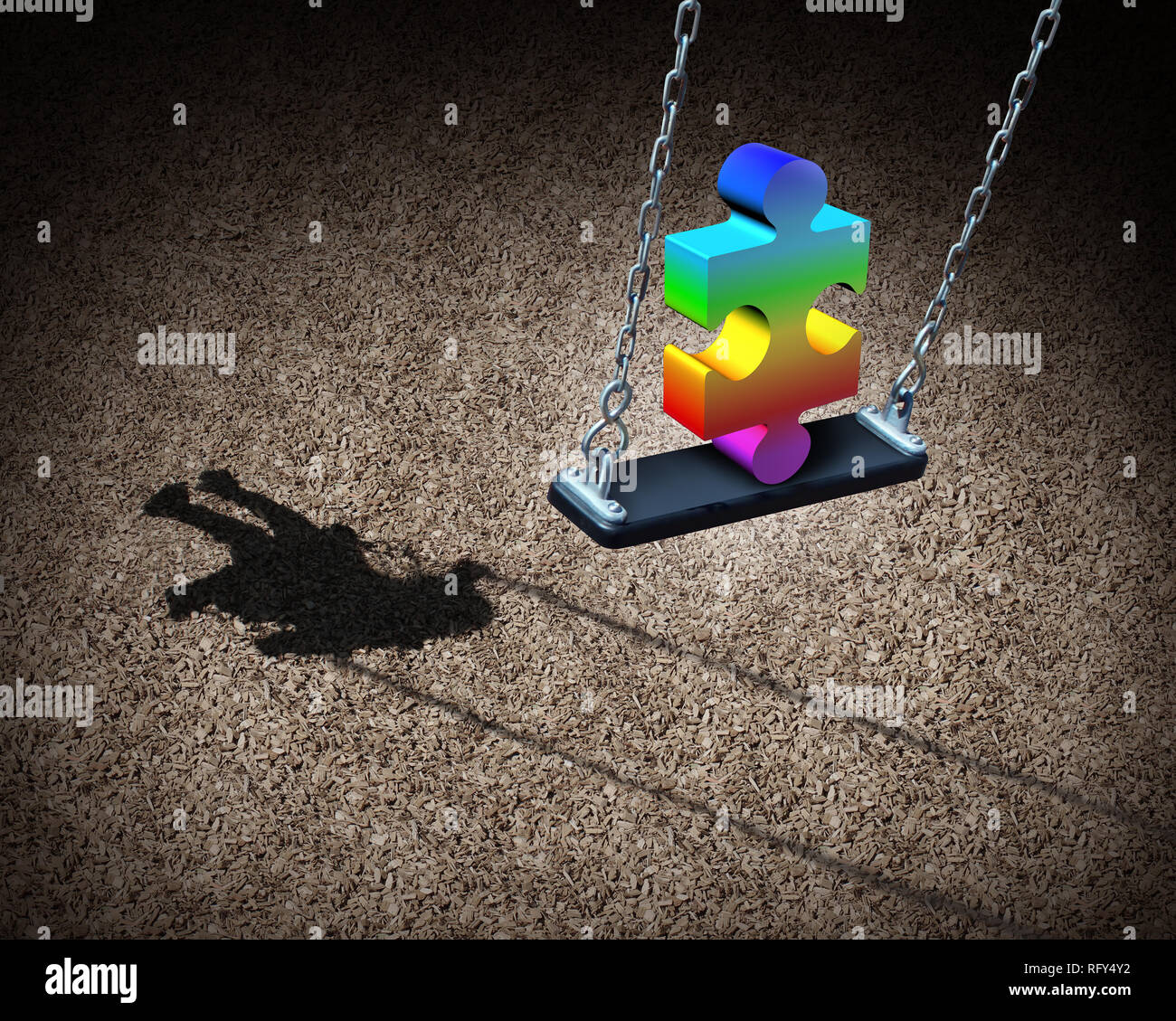Childhood autism developmental disorder puzzle as a children symbol or an autistic child awareness icon as a jigsaw piece in a playground. Stock Photo
