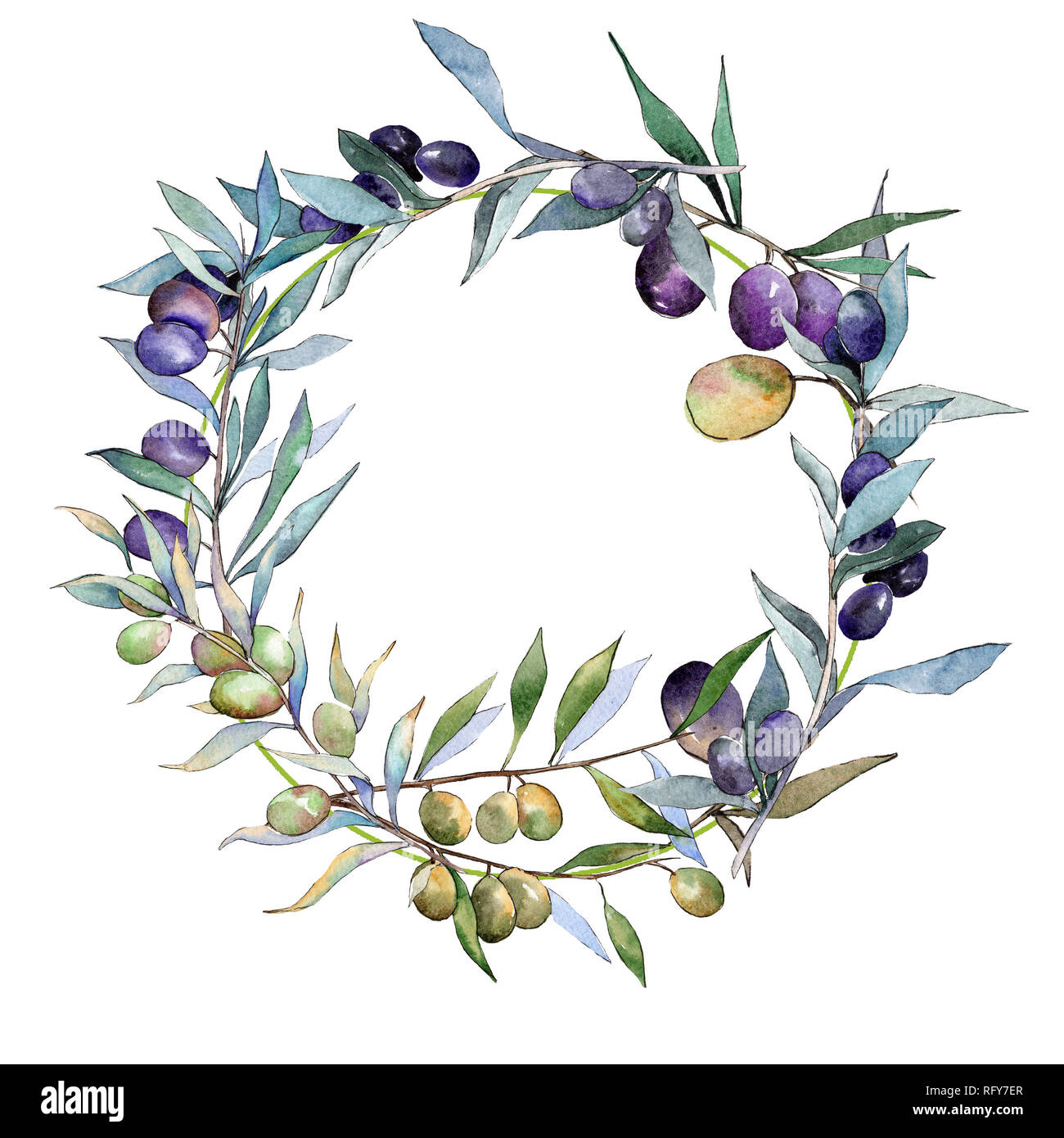 Green and black olives. Watercolor background illustration set. Frame ...