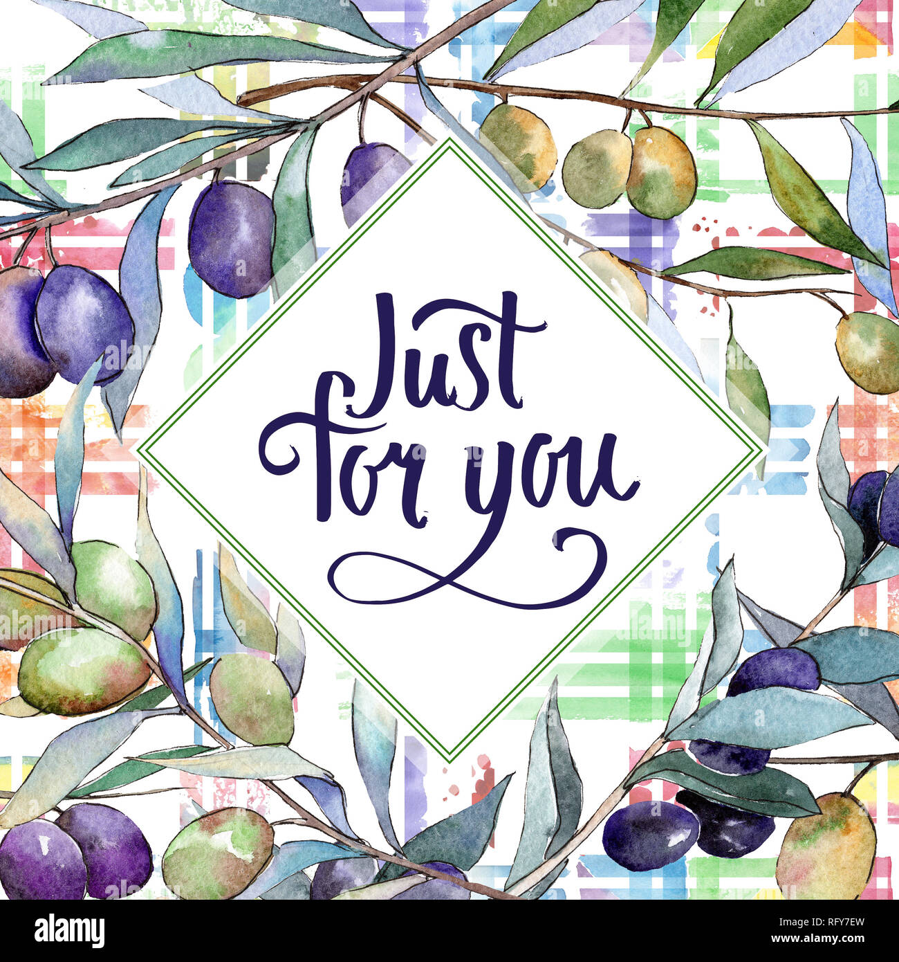 Green and black olives. Watercolor background illustration set. Frame ...