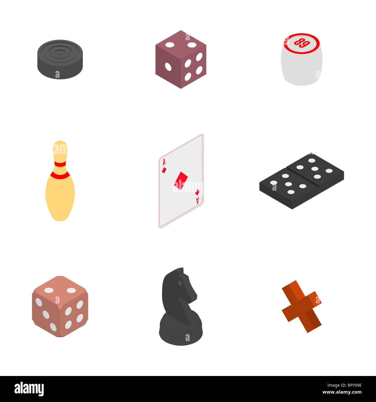 Set of game icons. Items to play dominoes, chess, dice, checkers and lotto. Flat 3D isometric style, vector illustration. Stock Vector