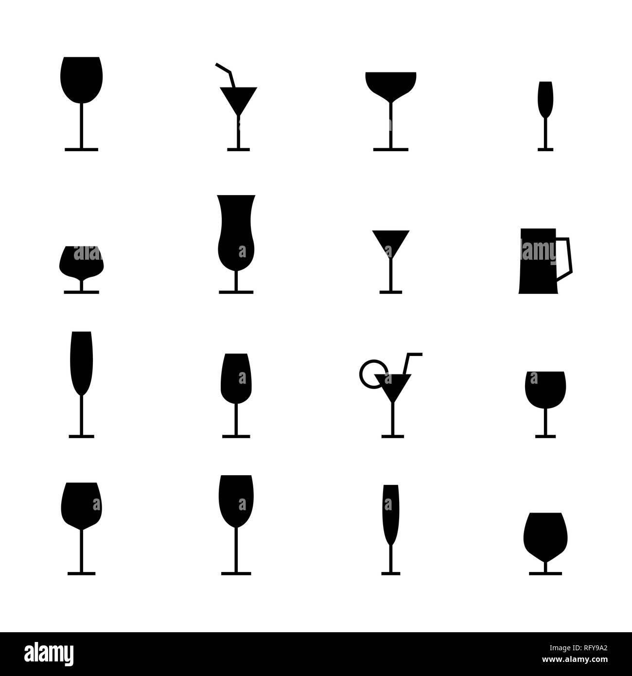 Set of various glasses icons. Black silhouettes on a white background, vector illustration. Stock Vector