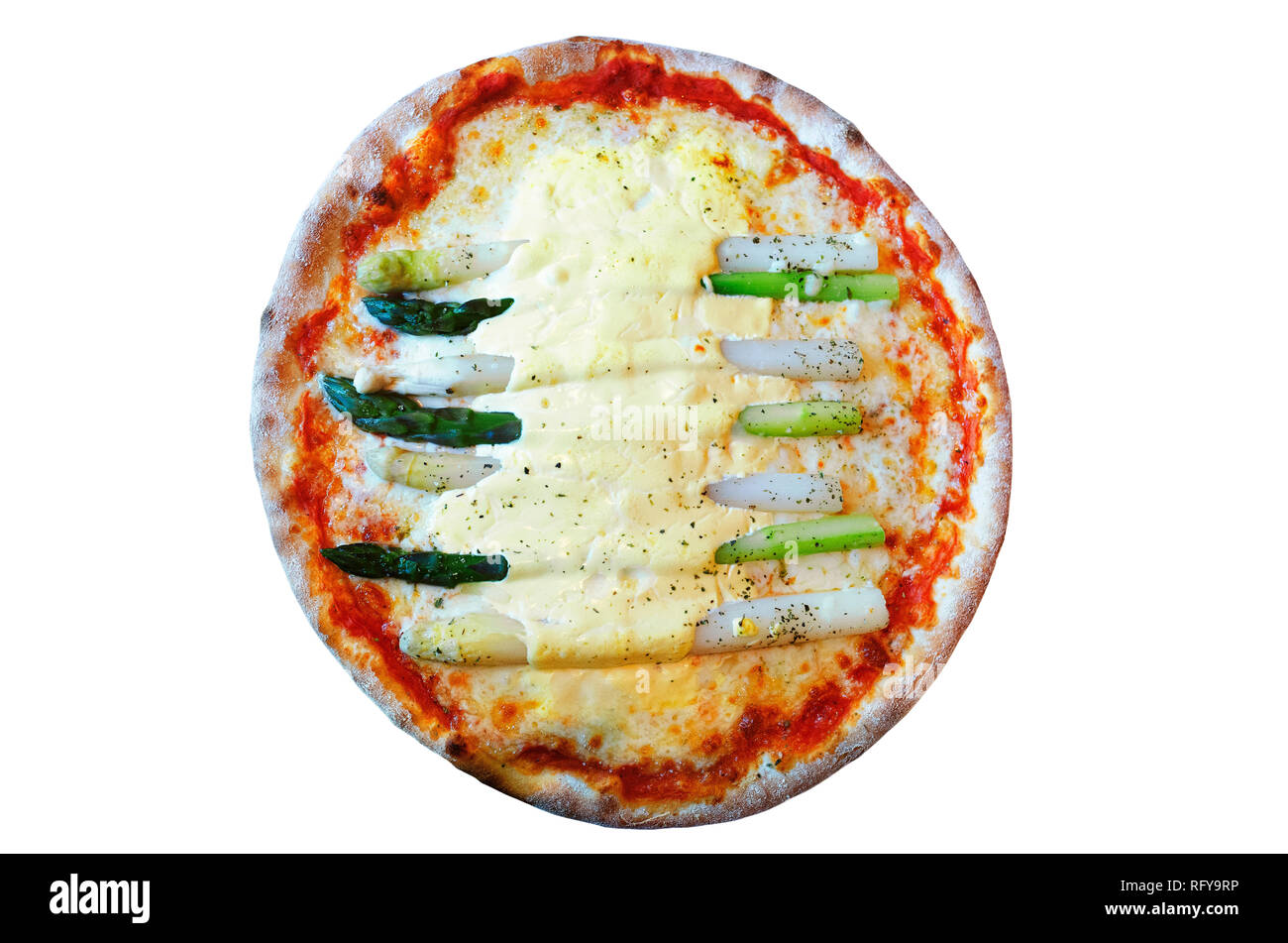 Fresh asparagus pizza isolated on white background. A seasonal speciality, rarerly served. Stock Photo