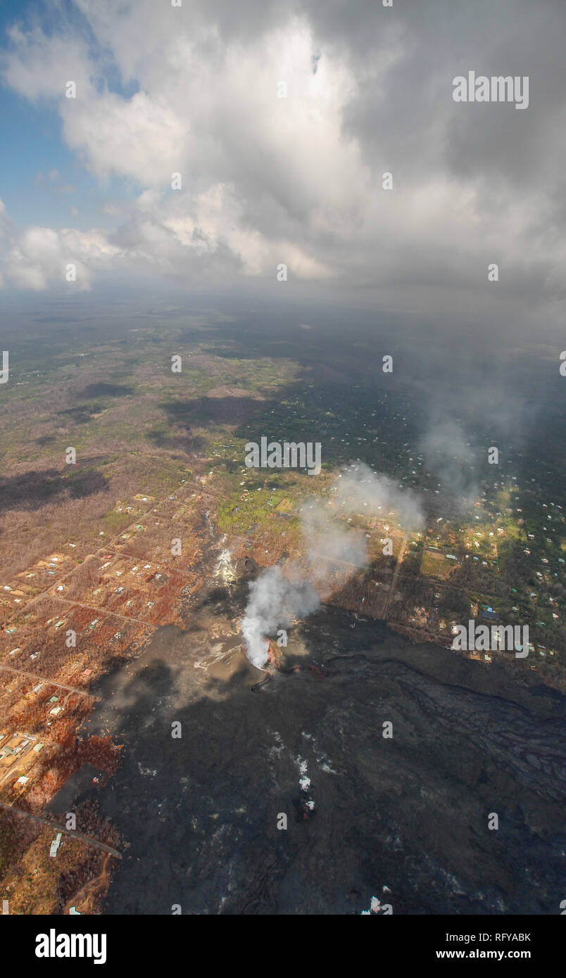 Bird view image showing Big Island, Hawaii, at the Volcano National Park after the volcano disruption of 2018 Stock Photo