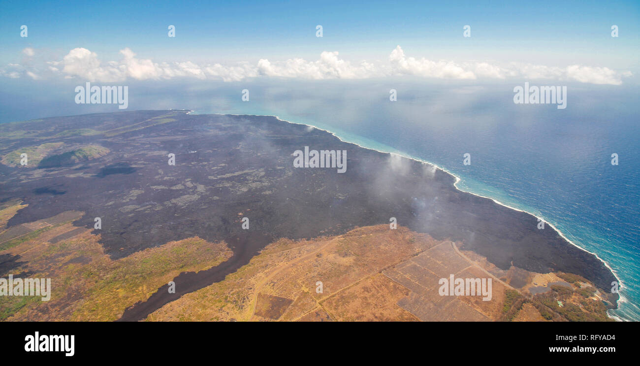 Bird view image showing the coastline of Big Island, Hawaii, at the Volcano National Park Stock Photo
