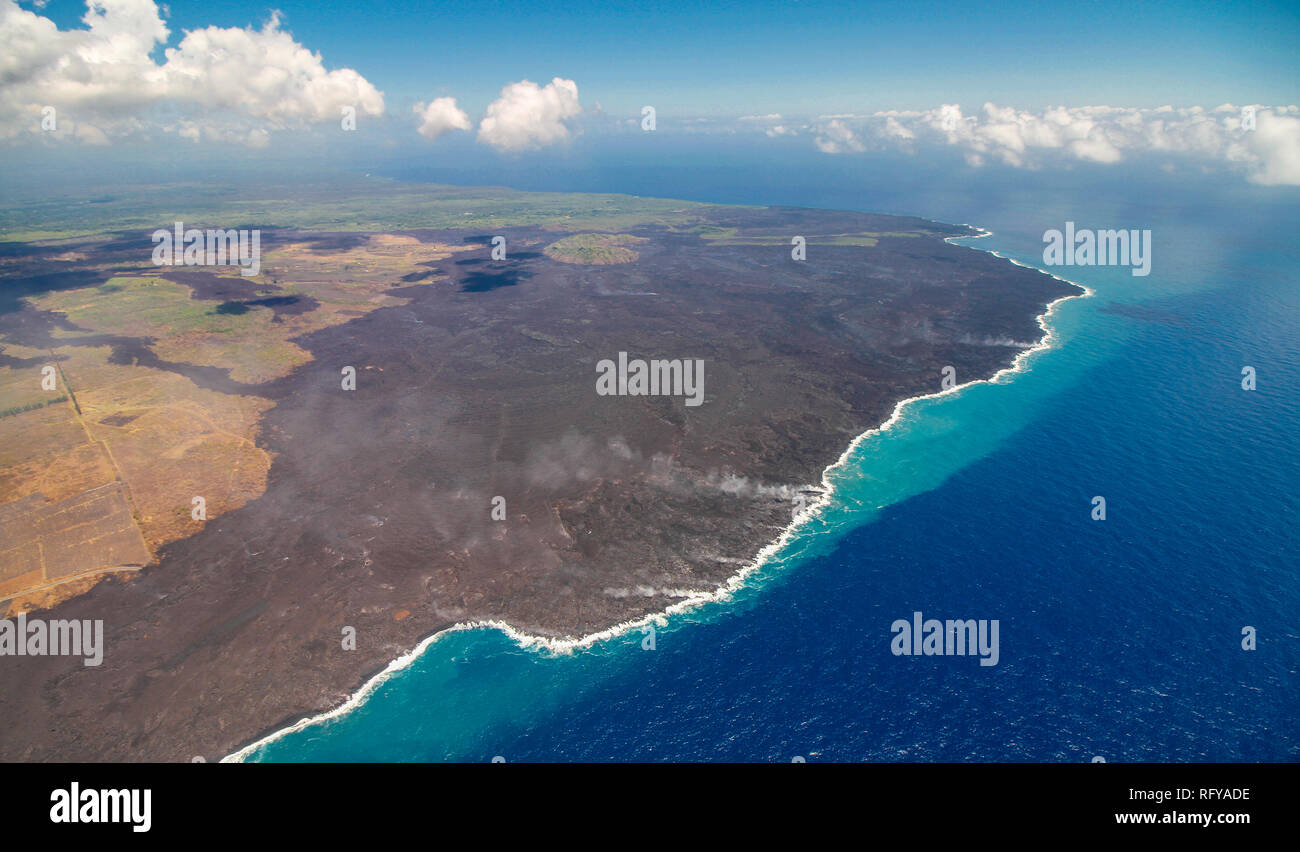 Bird view image showing the coastline of Big Island, Hawaii, at the Volcano National Park Stock Photo