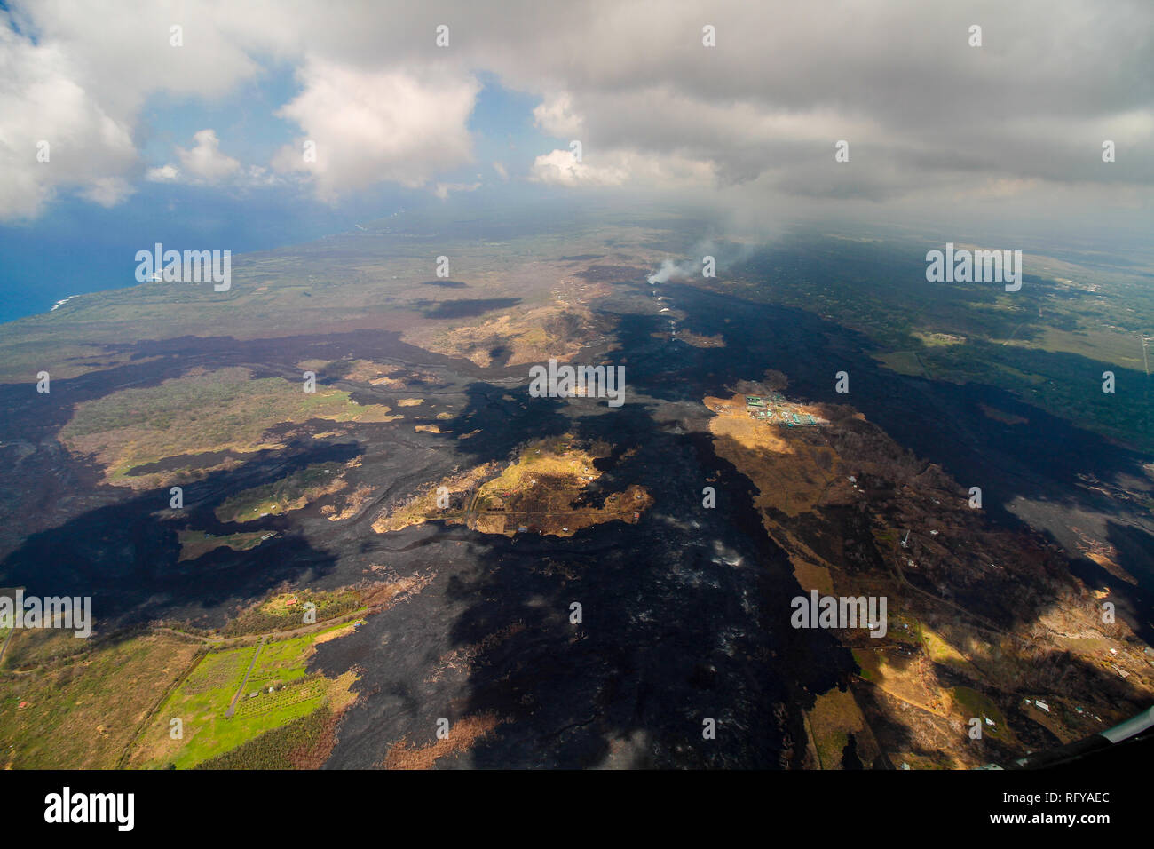 Bird view image showing Big Island, Hawaii, at the Volcano National Park after the volcano disruption of 2018 Stock Photo