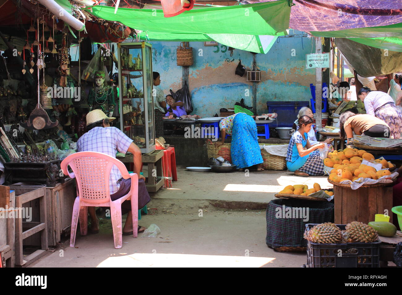 Market life - Sellers selling food at the market in Bagan Myanmar Stock Photo