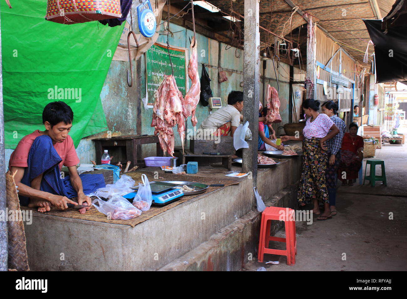 Market life - Sellers selling food at the market in Bagan Myanmar Stock Photo