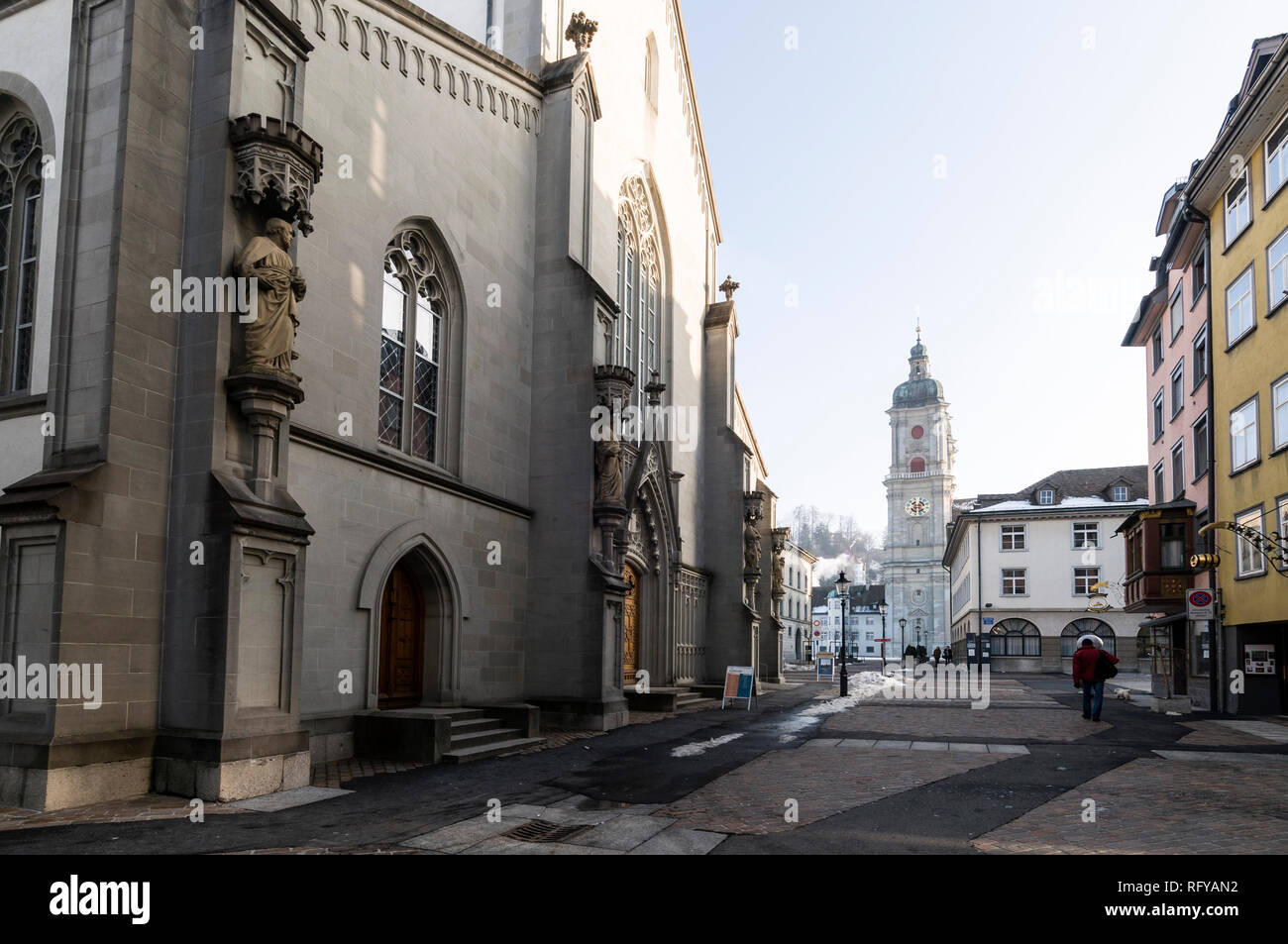 Barenplatz toward St. Gallen Cathedral in the old quarter of St. Gallen in Switzerland Stock Photo