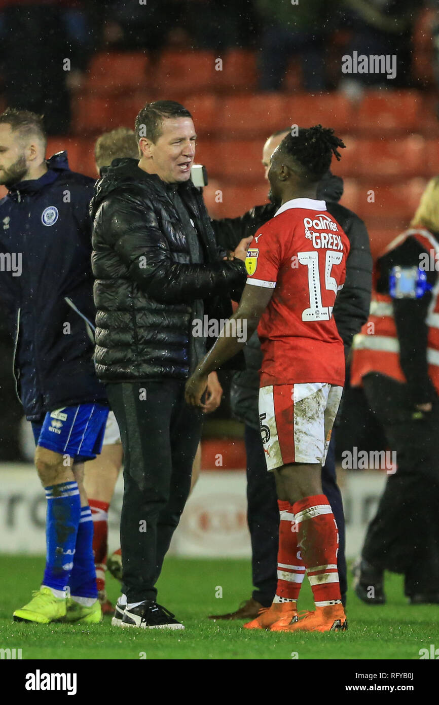 26th January 2019, Oakwell, Barnsley, England; Sky Bet League One, Barnsley vs Rochdale ; Daniel Stendel manager of Barnsley congratulates Jared Green (15) of Barnsley on his debut    Credit: Mark Cosgrove/News Images  English Football League images are subject to DataCo Licence Stock Photo