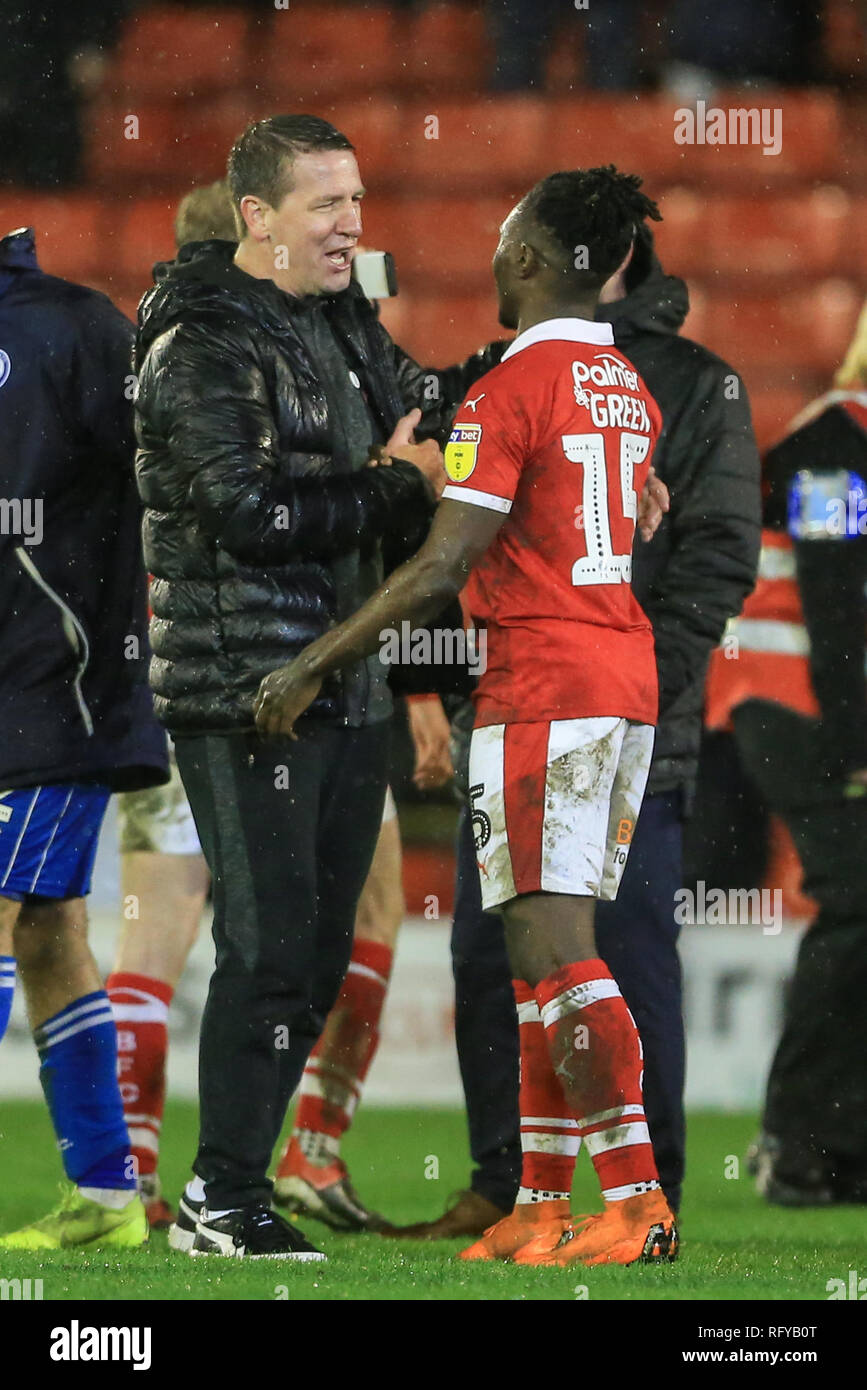26th January 2019, Oakwell, Barnsley, England; Sky Bet League One, Barnsley vs Rochdale ;  Daniel Stendel manager of Barnsley congratulates Jared Green (15) of Barnsley on his debut     Credit: Mark Cosgrove/News Images  English Football League images are subject to DataCo Licence Stock Photo