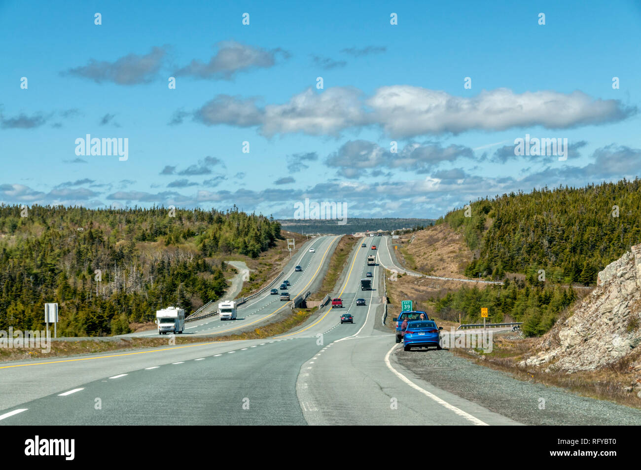 The Trans-Canada Highway in Newfoundland on east coast of Canada. It travels 4,860 miles across all provinces to west coast. Stock Photo