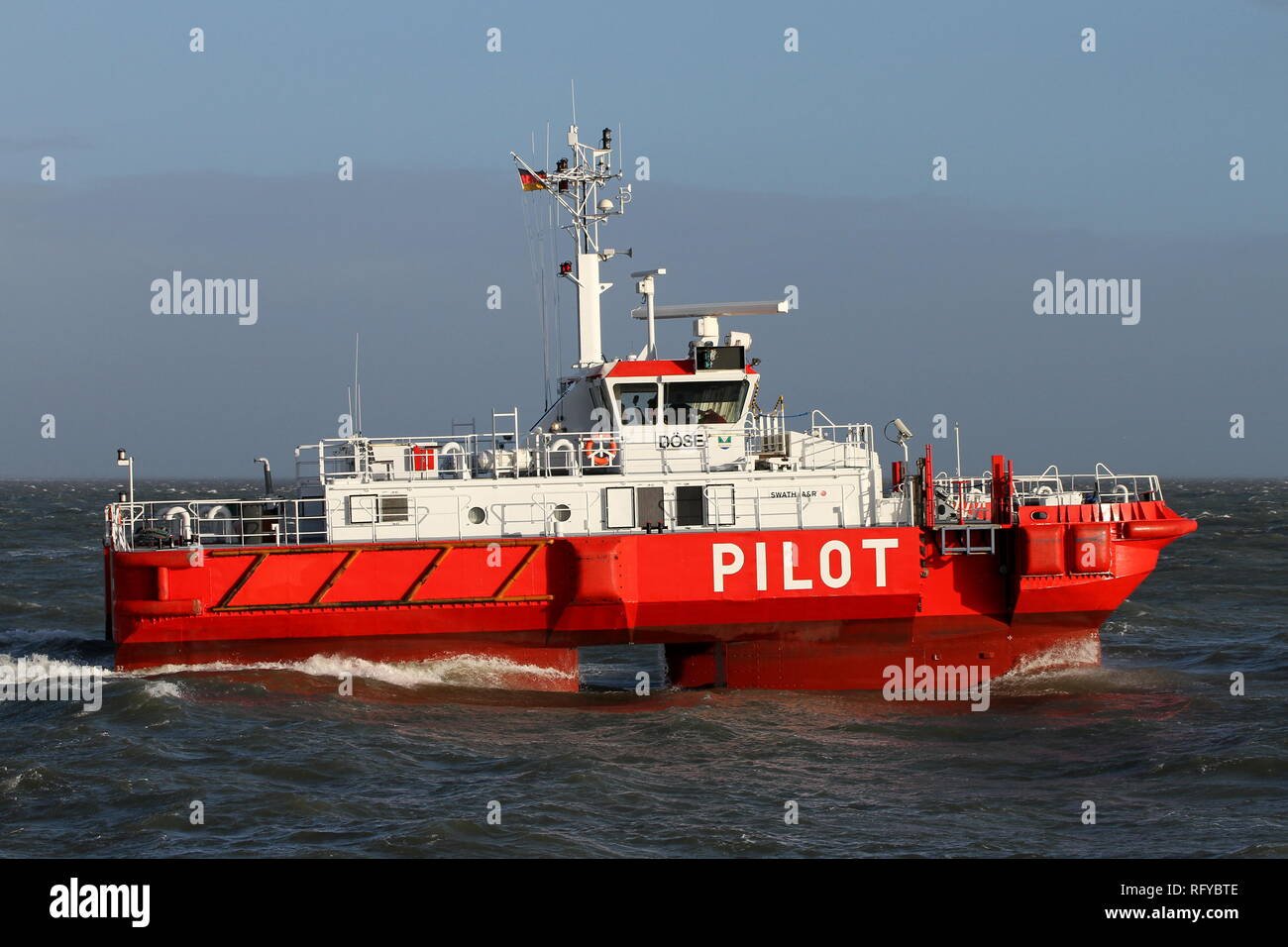 The pilot boat Döse reached on January 1, 2019 the port of Cuxhaven coming from the North Sea. Stock Photo