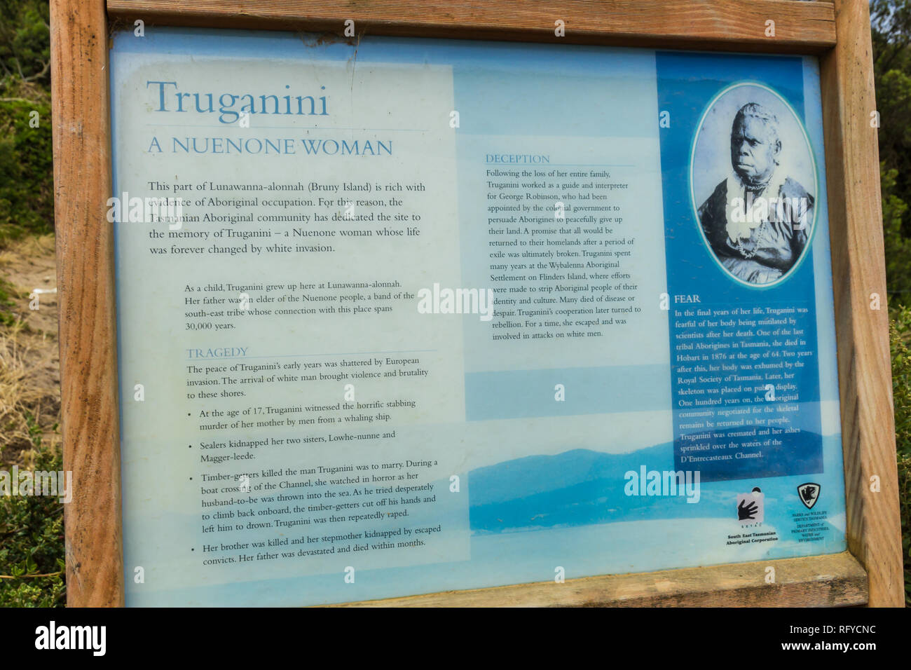 Bruny Island Neck, Tasmania, Australia - December 20, 2016: memorial information about Tasmanian aborigine Truganini Stock Photo