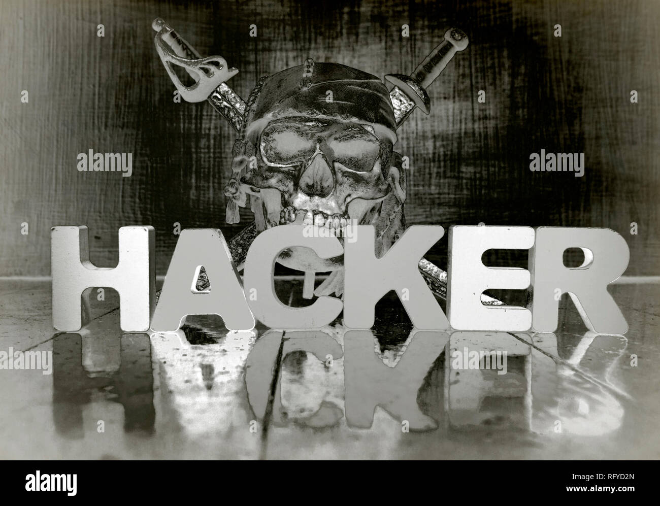 the word HACKER with reflection solarized monochrom image Stock Photo
