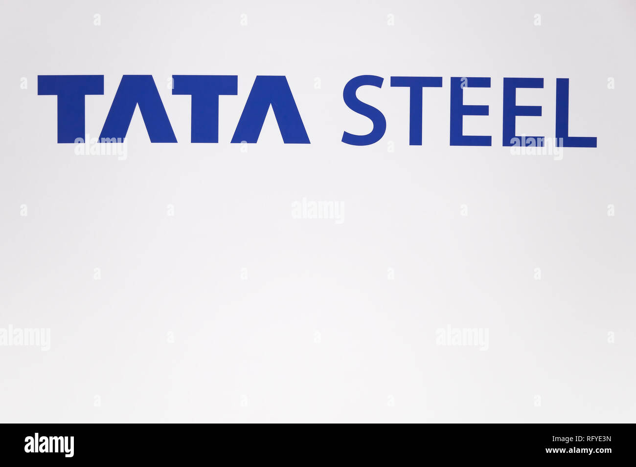 In this photo illustration, the Tata Steel logo is displayed on a