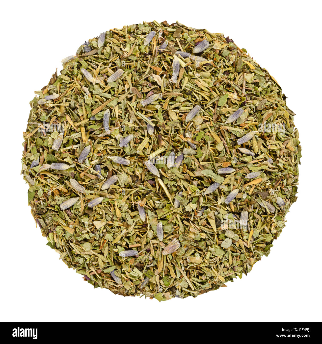 Dried Herbes de Provence, herb circle from above. Disc, made of herbs of the Provence, France. Savory, rosemary, thyme, lavender, oregano and marjoram. Stock Photo