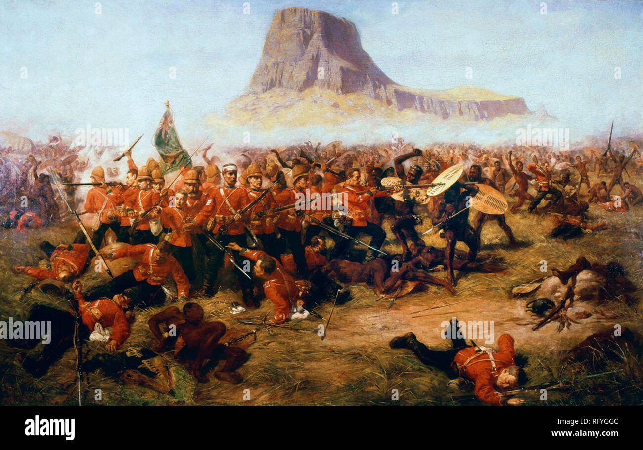 The Battle of Isandlwana, The Battle of Isandlwana or Isandhlwana on 22 January 1879, the first major encounter in the Anglo–Zulu War between the British Empire and the Zulu Kingdom Stock Photo