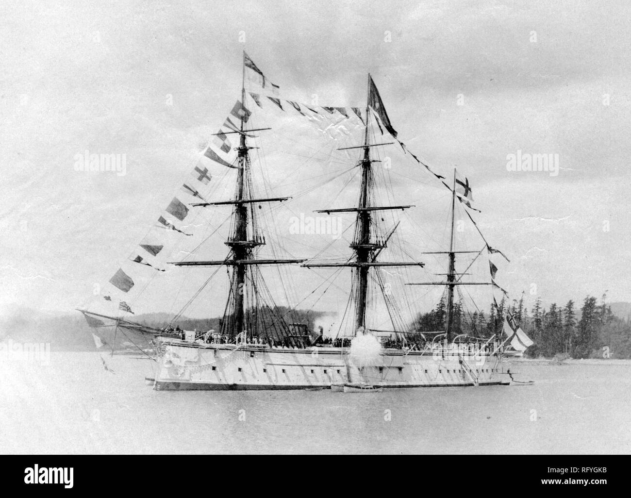 British battleship HMS Triumph, 1887 HMS Triumph, a broadside ironclad battleship of the Victorian era Stock Photo