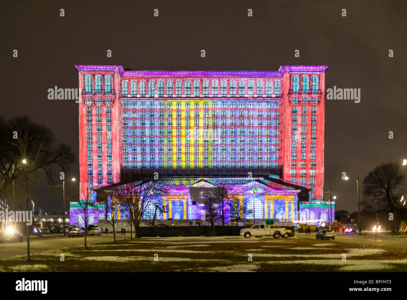 Detroit, Michigan - Ford Motor Company projected a light show on the Michigan Central railroad station during a Winter Festival. Ford bought the long- Stock Photo