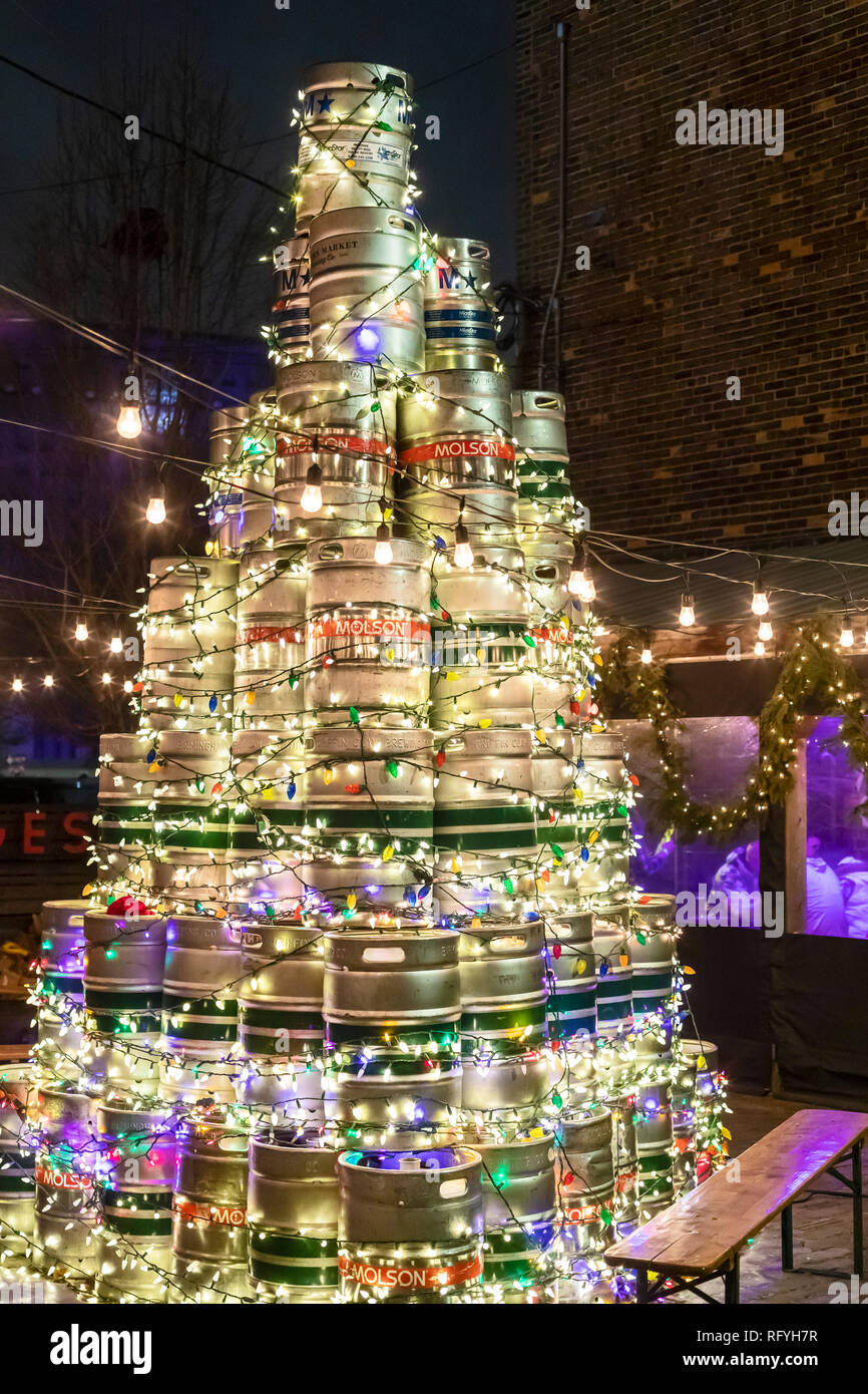Detroit, Michigan - A Christmas tree made from beer kegs at the Mercury Burger Bar. Stock Photo