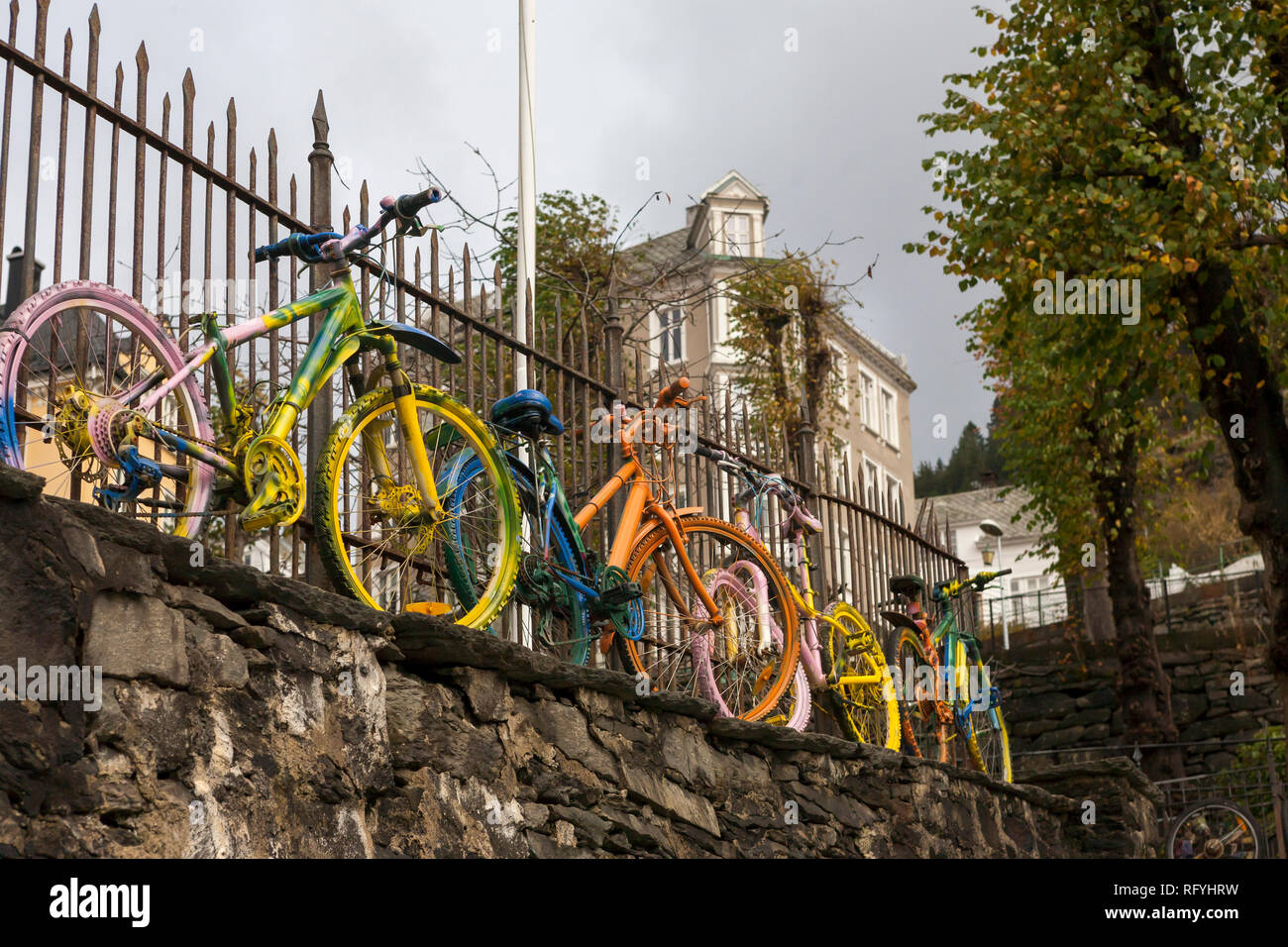 Painted bicycles decorate the railings of Christi Krybbe skoler ...