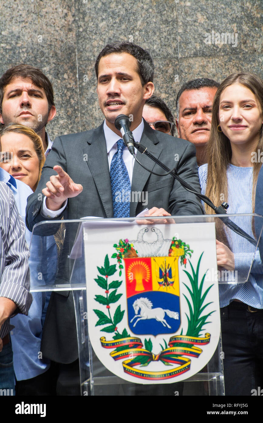 Interim President of Venezuela, Juan Guaidó, accompanied by his wife and deputies of the National Assembly in the press conference held in the Plaza B Stock Photo