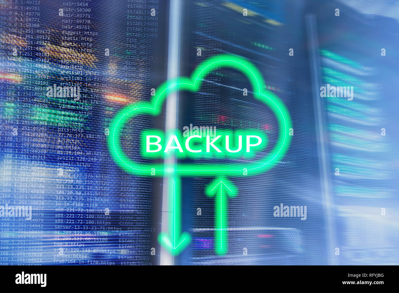Backup button on modern server room background. Data loss prevention ...