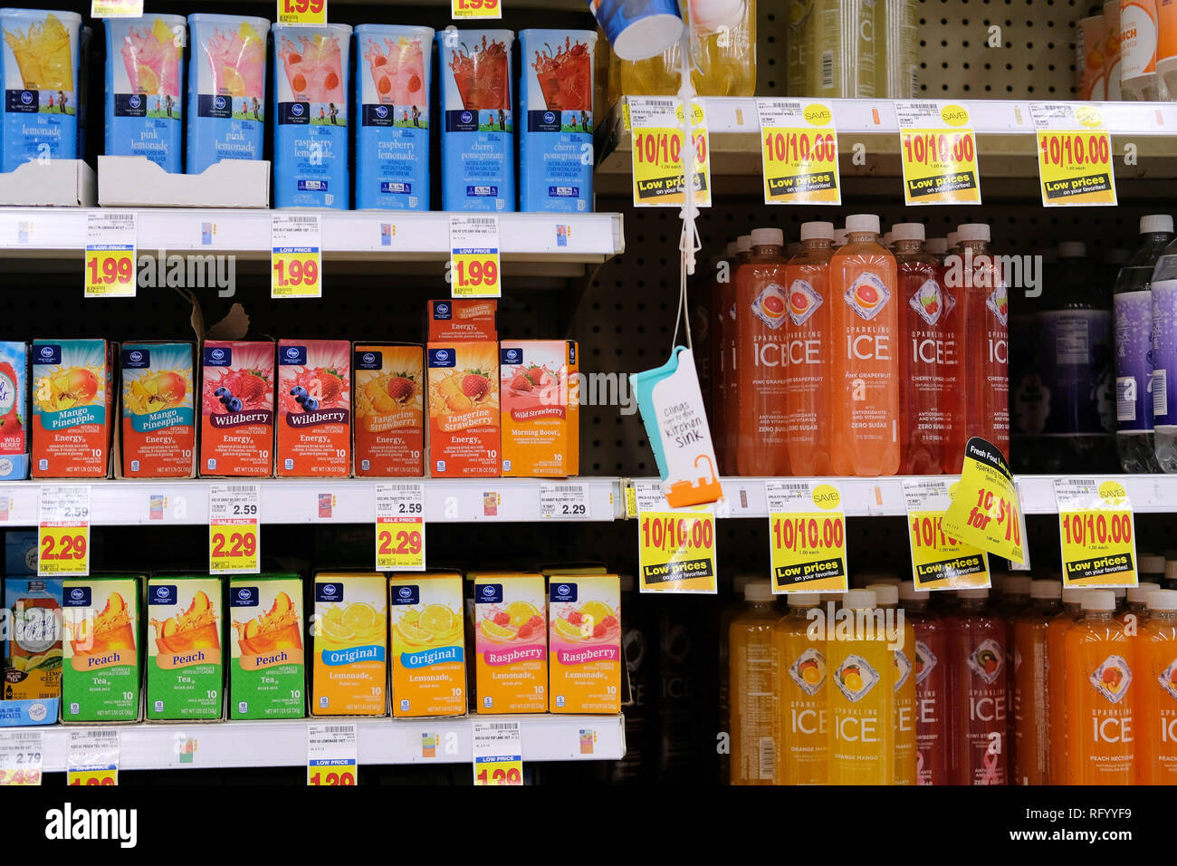 Ice brand carbonated beverage and Kroger brand powdered drink mix; grocery store interior. Stock Photo