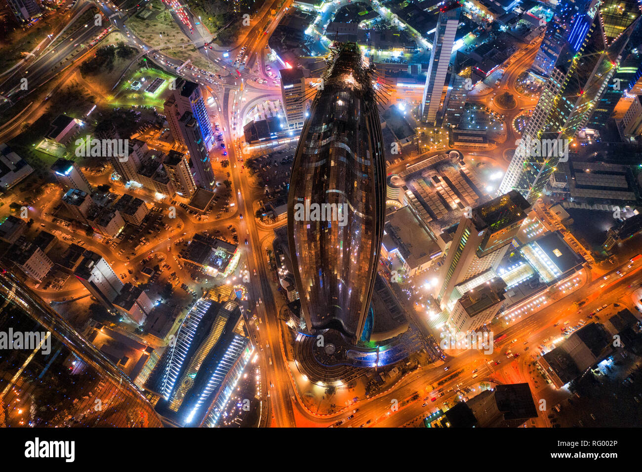 Kuwait Tower City Skyline glowing at night, taken in Kuwait in December