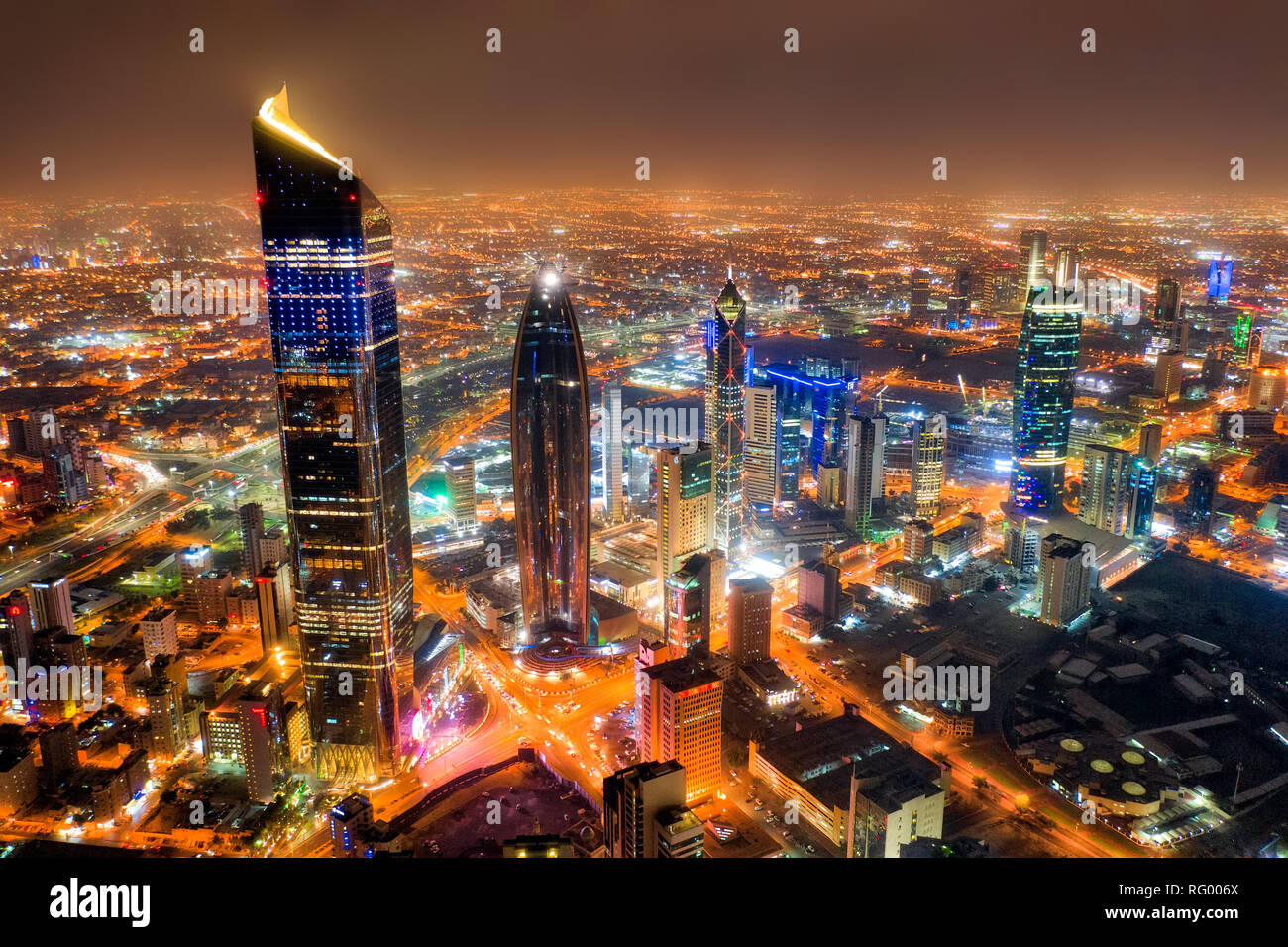 Kuwait Tower City Skyline glowing at night, taken in Kuwait in December