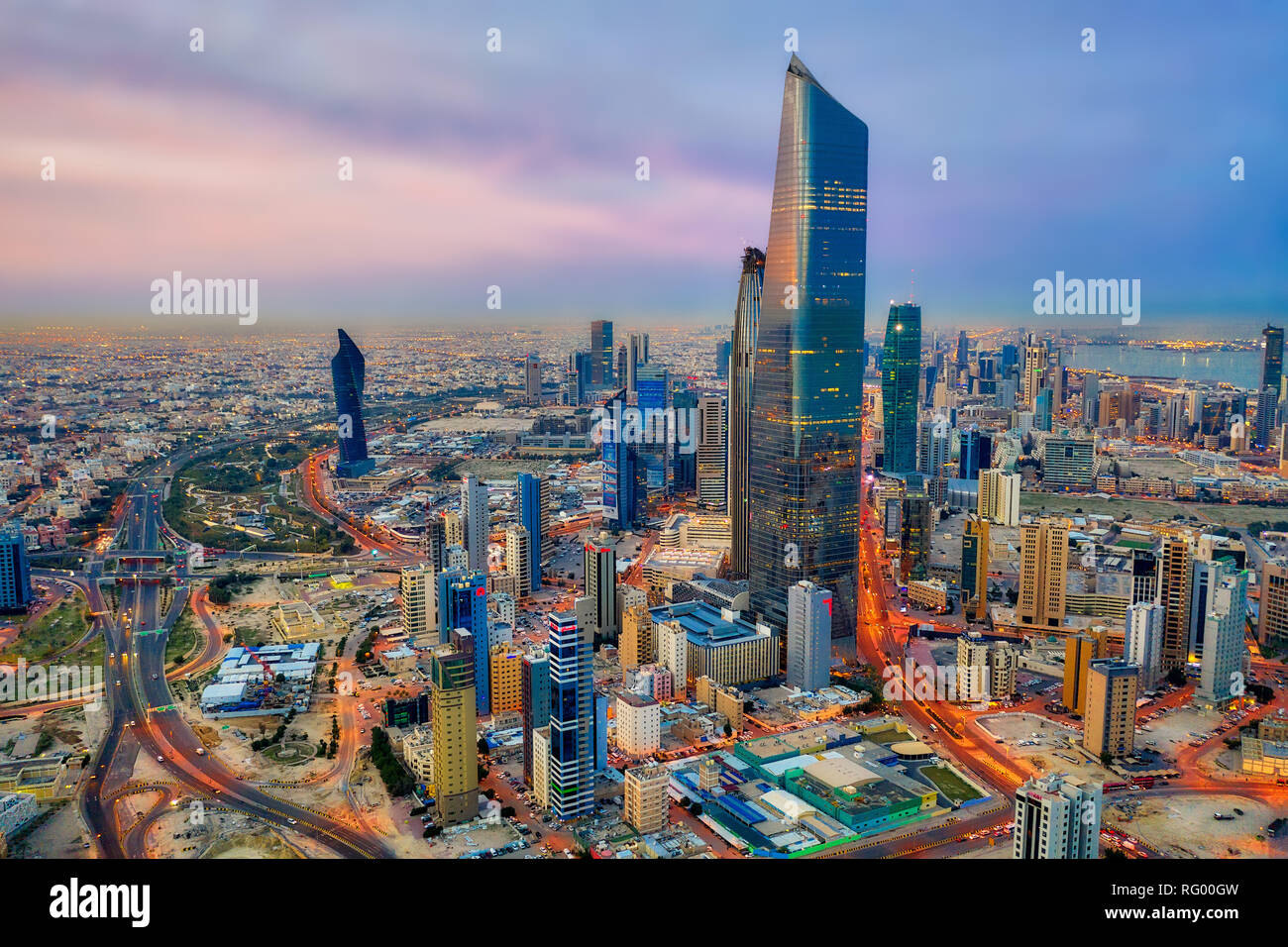 Kuwait Tower City Skyline glowing at night, taken in Kuwait in December