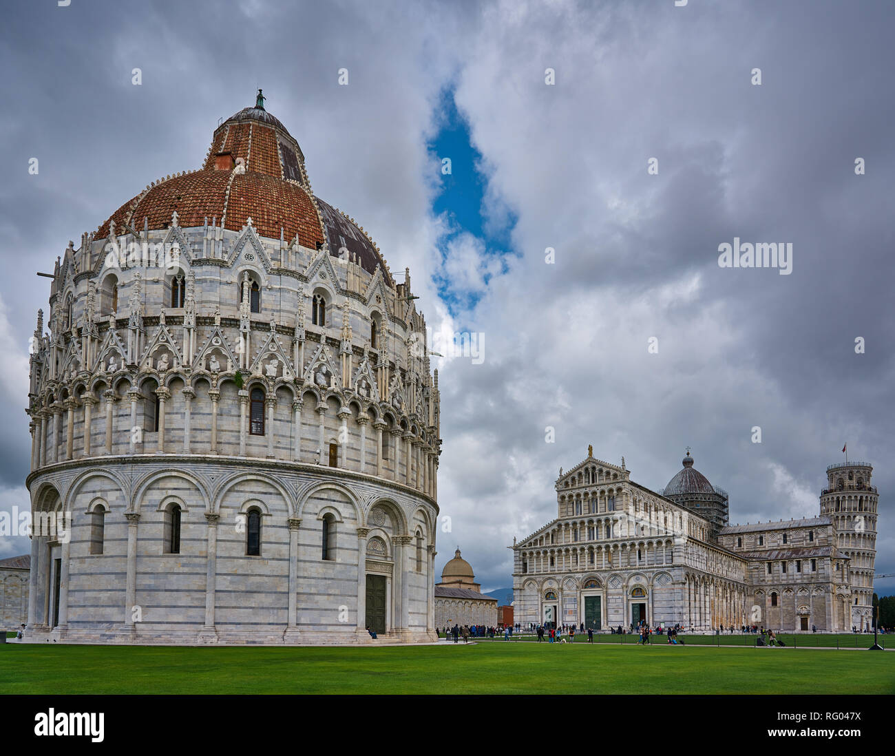 View of The Baptistery, Cathedral of Santa Maria Assunta, and Leaning Tower of Pisa, Italy Stock Photo