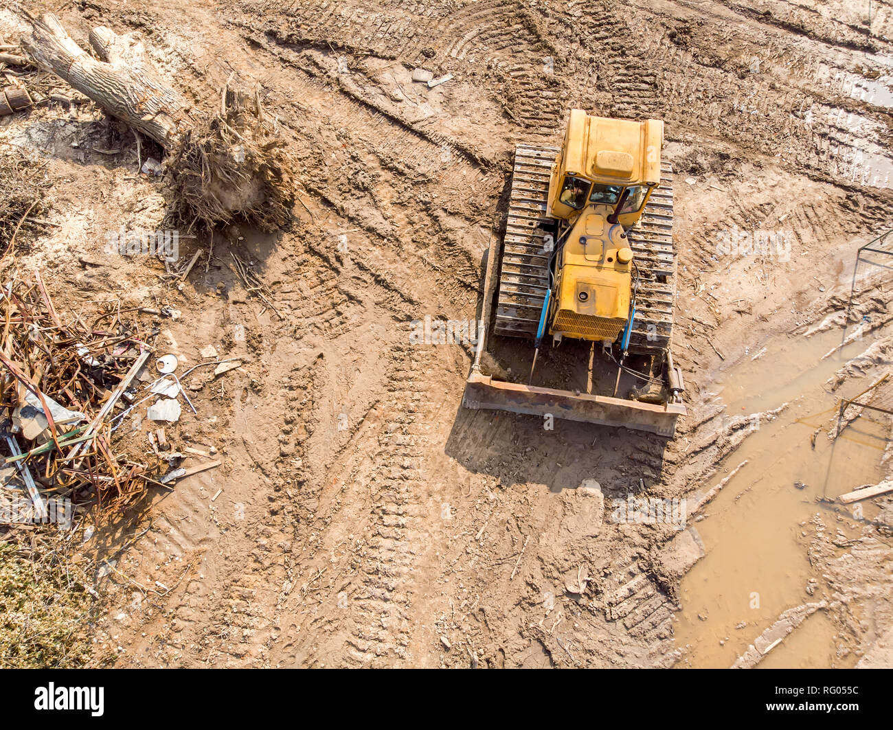 destruction of old building. bulldozer working on a demolition site Stock Photo