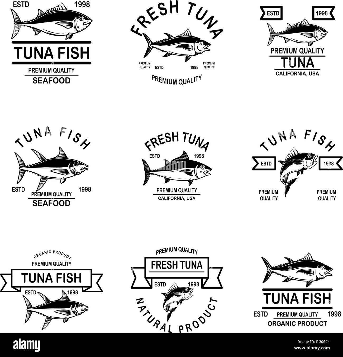 Set of tuna fish labels. Design element for logo, label, emblem