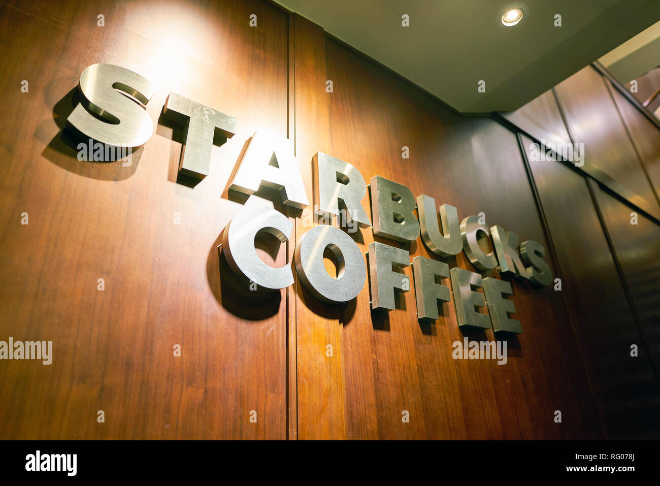 SEOUL, SOUTH KOREA CIRCA MAY, 2017 close up shot of Starbucks sign