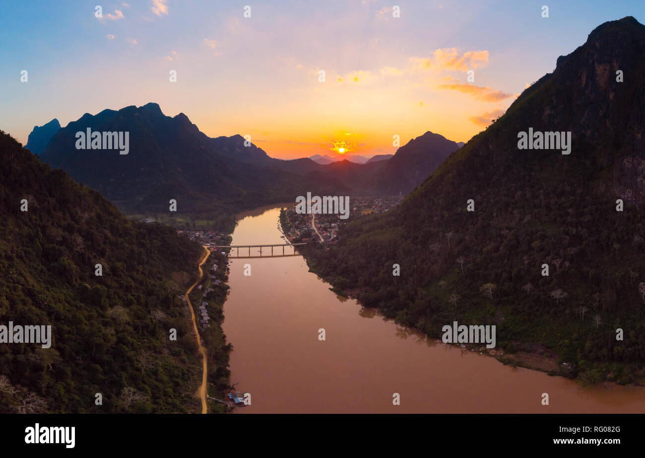 Aerial Panoramic Nam Ou River Nong Khiaw Muang Ngoi Laos Sunset Aerial Panoramic Nam Ou River Nong Khiaw Muang Ngoi Laos Sunset