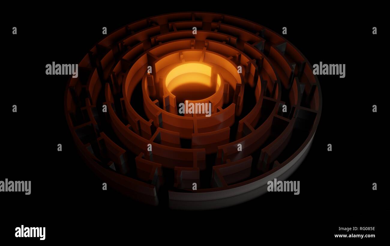 3D circular maze with a bright red flash Stock Photo