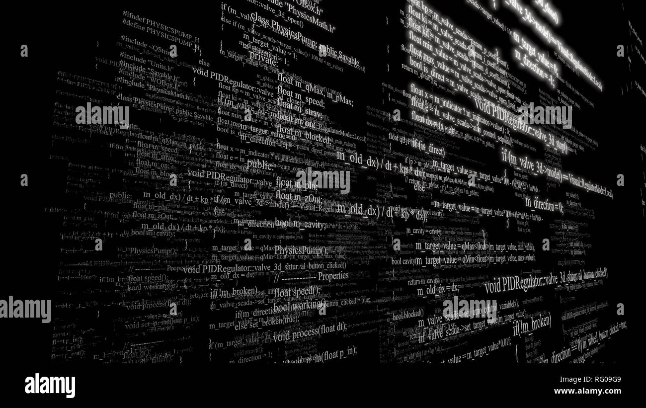 Software source code. Layers of program code on black background Stock ...