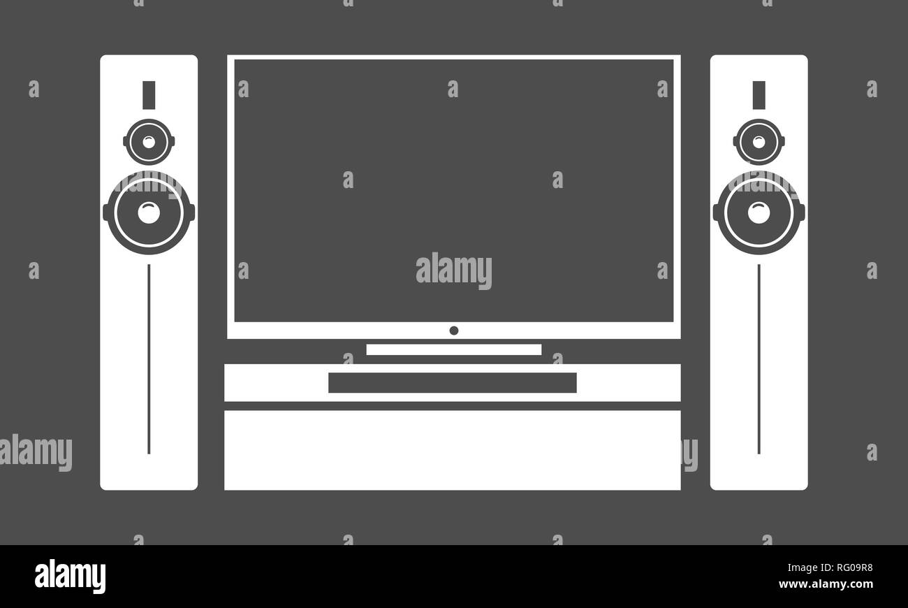 Flat black home cinema tv set with stereo audio subwoofer speaker system. Vector illustration. Stock Vector