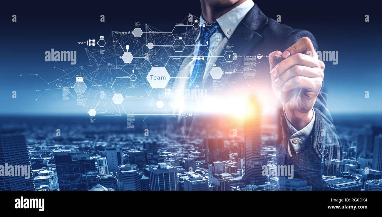 Human hand drawing on screen connection lines of network. 3d rendering