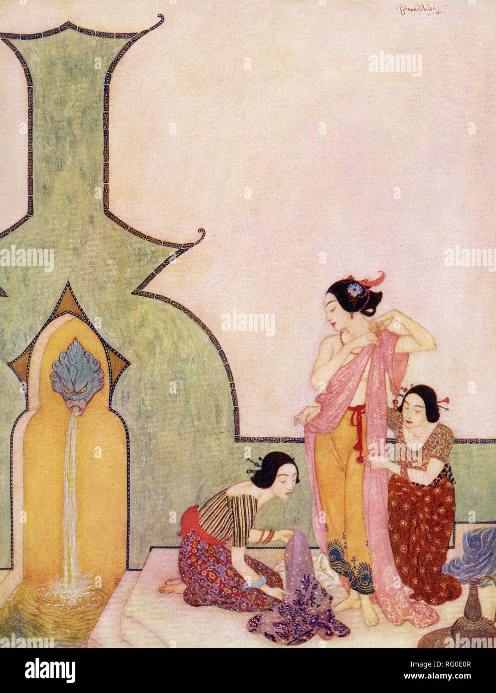 This illustration is taken from the book 'Sinbad the Sailor' that was published around 1914.  It shows Lady Bedr-el-Budr at her bath. The illustrator was Edmund Dulac and the story is from the Arabian Nights. Aladdin fell in love with Lady Bedr-el-Buhr when he saw her. Here the Lady is shown at her bath. Stock Photo