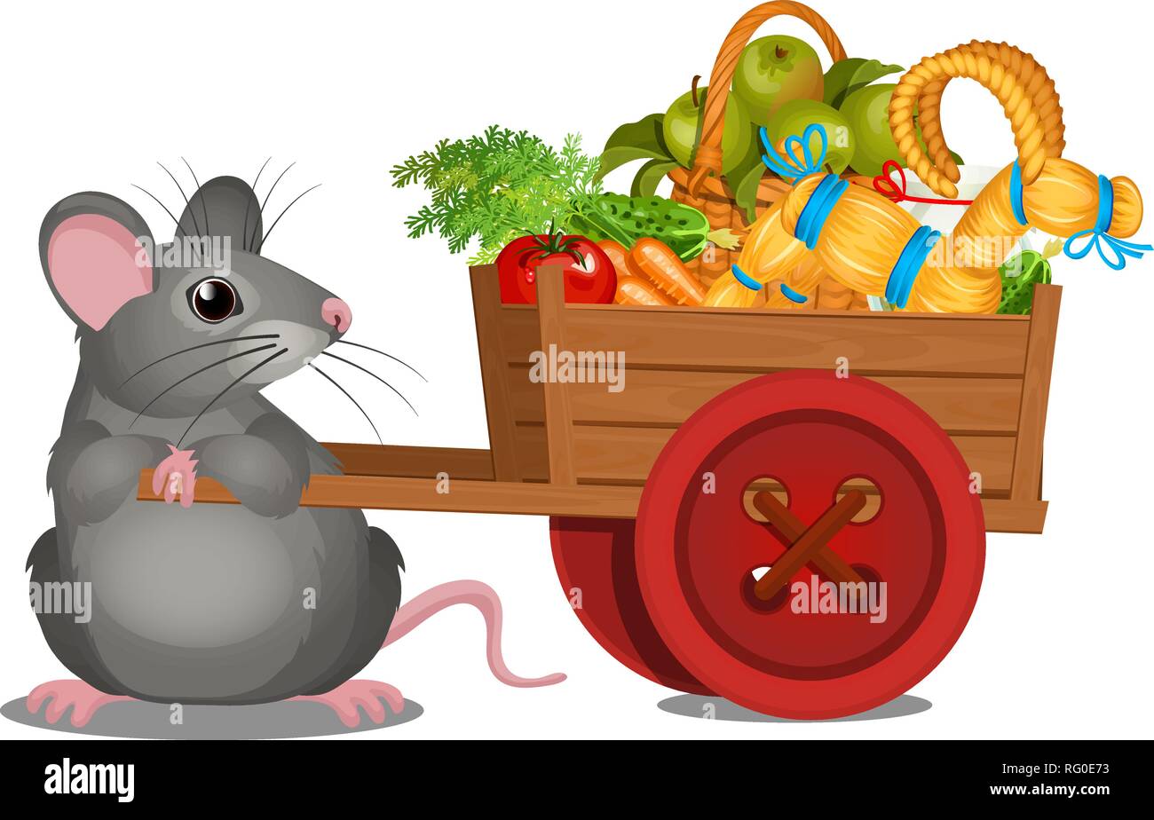 Animated gray mouse carries a wooden cart with a harvest of ripe vegetables and straw goat isolated on white background. Vector cartoon close-up Stock Vector