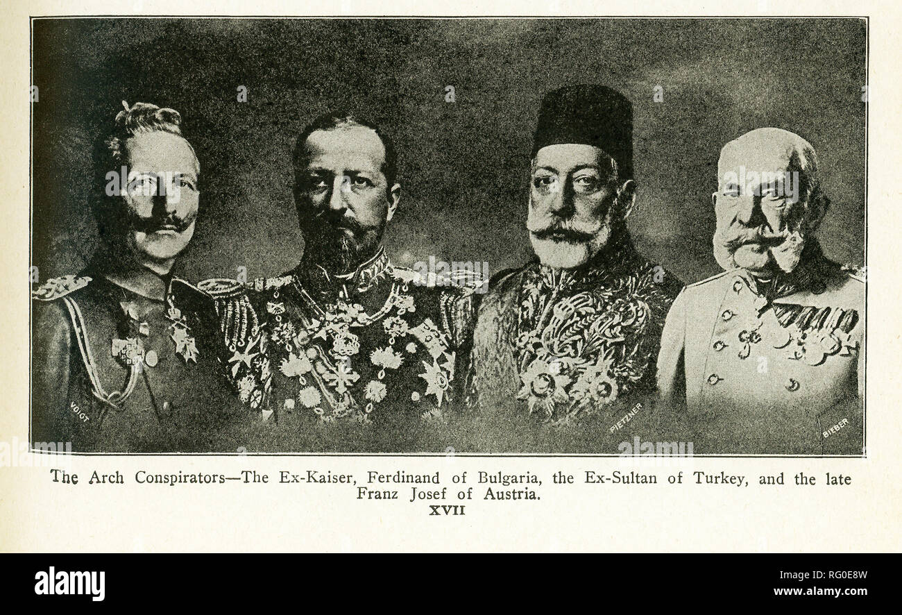 The four leaders in this photograph are, from left to right: Ex-Kaiser Wilhelm II, Ferdinand of Bulgaria, Ex-Sultan of Turkey, and the late Franz Josef of Austria. Stock Photo